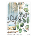 Packaging of 3 Quarter Studio beach-themed design sheets with seashells, leaves, and a seagull.