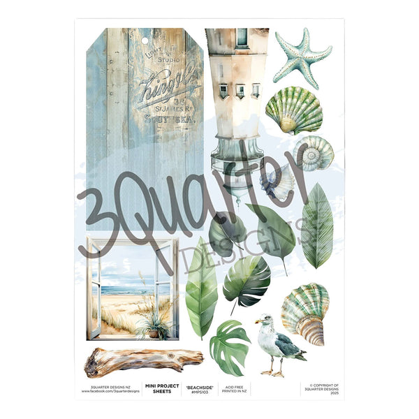 Packaging of 3 Quarter Studio beach-themed design sheets with seashells, leaves, and a seagull.