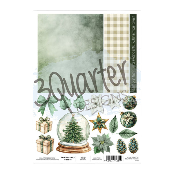 Design sheet with Christmas-themed elements and '3Quarter Designs' branding.