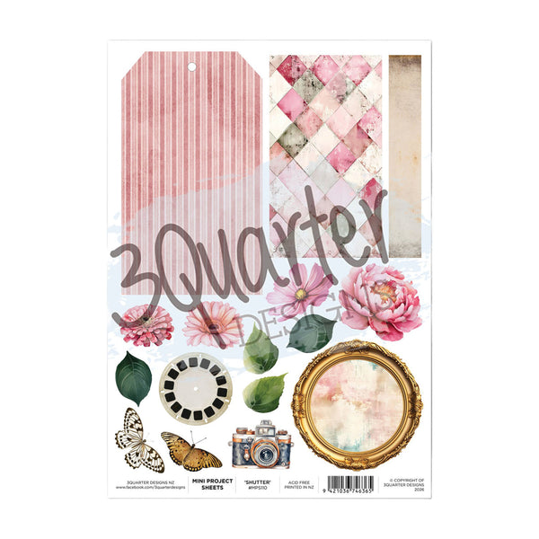Packaging of decorative paper sheets with floral and vintage elements on a white background.