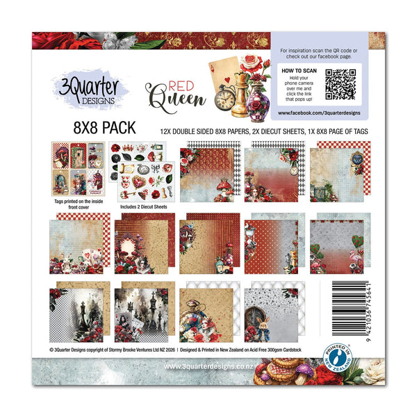 8x8 pack of paper designs with 'Red Queen' theme by 3Quarter Designs on a white background.