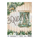 Decorative paper sheet with a window, plants, and bells design on a striped background.