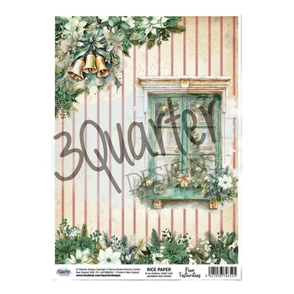 Decorative paper sheet with a window, plants, and bells design on a striped background.