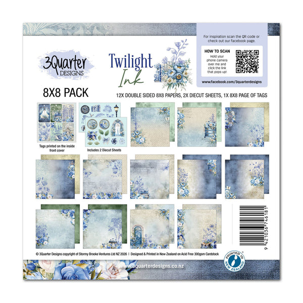 Packaging of 3Quarter Designs Twilight Ink 8x8 paper pack with floral designs.