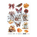 Autumn-themed sticker sheet with leaves, pumpkins, and butterflies on a white background.