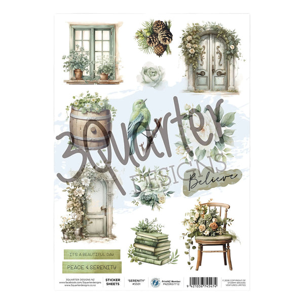 Decorative sheet with nature-themed elements and text on a white background