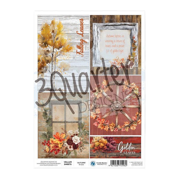 Collection of fall-themed paper sheets with rustic elements on a white background