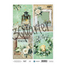 Set of four scenic cards with lanterns, flowers, and text on a white background