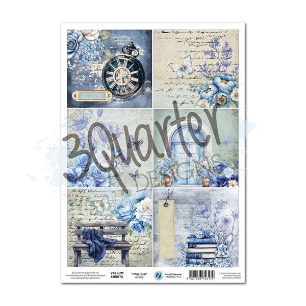 Design paper sheet with blue floral and clock-themed elements on a white background.