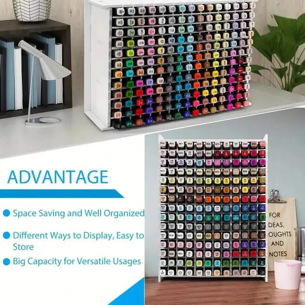 Colorful marker storage rack with labeled advantages on a desk.