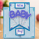 Baby shower card with 'NEW BABY Boy' text and balloons on a blue patterned background.