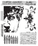 Tim Holtz Stampers Anonymous - Artful Artifacts packaging showing the Artful Artifacts cling rubber stamp set design