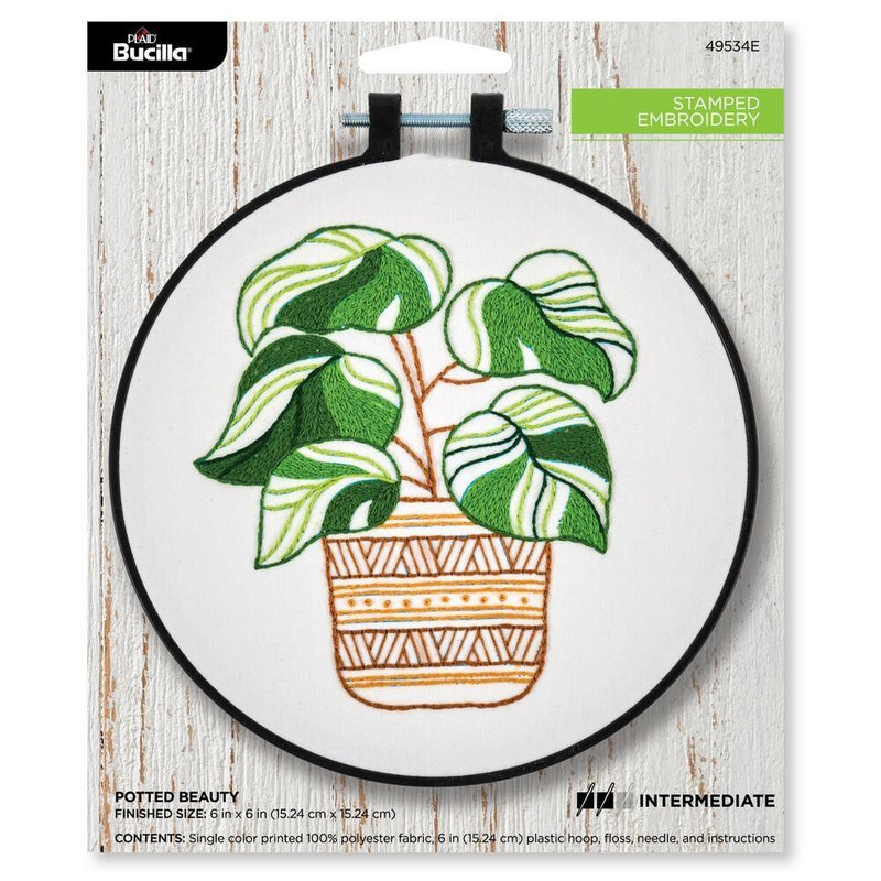 Bucilla Stamped Embroidery Kit W/6" Plastic Hoop Potted Beauty