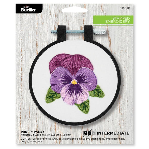 Bucilla Stamped Embroidery Kit W/3" Plastic Hoop Pretty Pansy