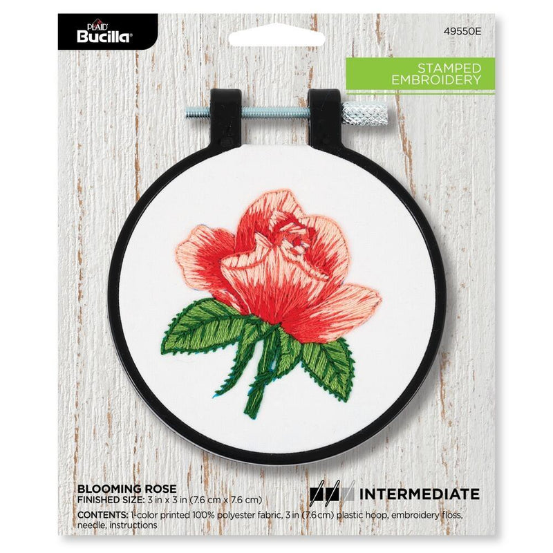 Bucilla Stamped Embroidery Kit W/3" Plastic Hoop Blooming Rose