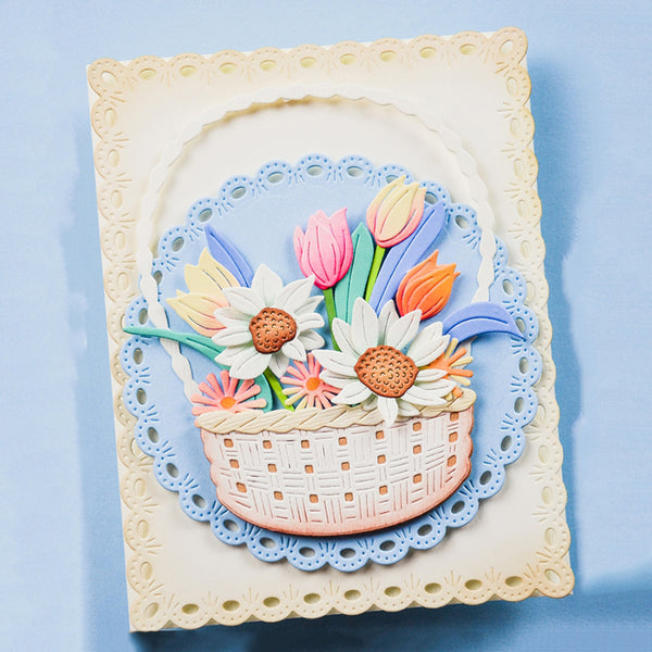 Decorative card with a basket of flowers on a light blue background