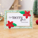 Christmas card with red poinsettias and 'merry Christmas' text on a decorative background.