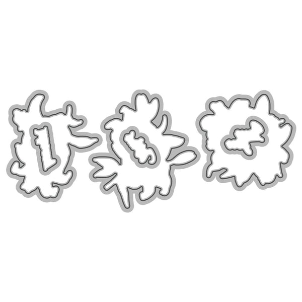 Three floral-shaped metal dies on a white background