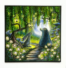 Painting of a bear and rabbit in a forest with glowing mushrooms