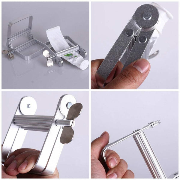 Metallic paper towel holder with multiple views on a white background