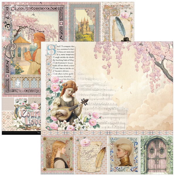 Collage of vintage-style illustrations featuring a woman playing a mandolin, cherry blossoms, and architectural elements.
