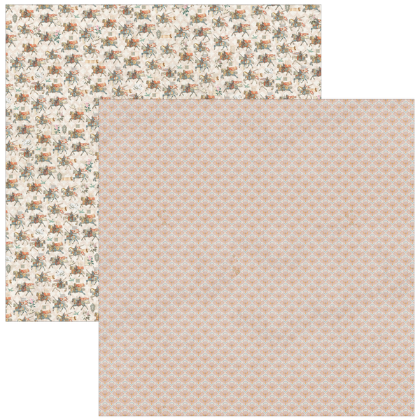 Two pieces of patterned paper, one with a floral design and the other with a geometric pattern.