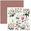 Floral design with roses and lilies on a patterned paper background