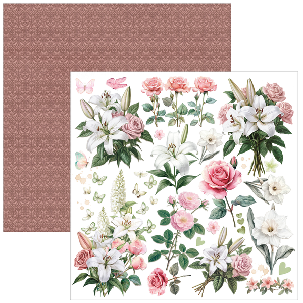 Floral design with roses and lilies on a patterned paper background