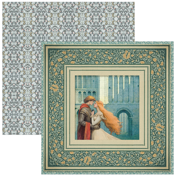 Decorative paper with a romantic illustration of a couple and intricate border design.