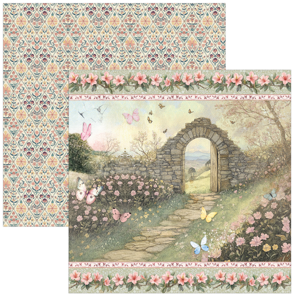 Decorative paper with floral border and garden scene with stone archway and butterflies.