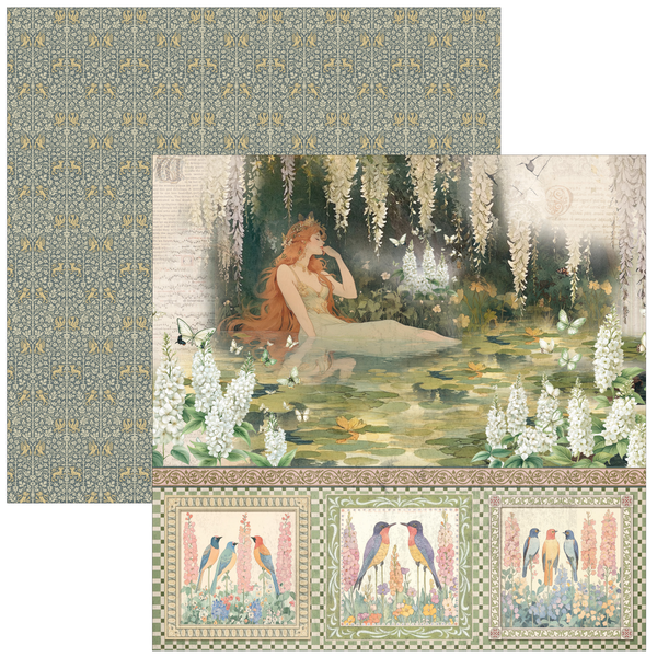 Fantasy scene with a mermaid sitting by a pond, surrounded by flowers and butterflies, with decorative borders.