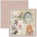 Greeting card with floral design, woman holding a book, and architectural elements on a white background.