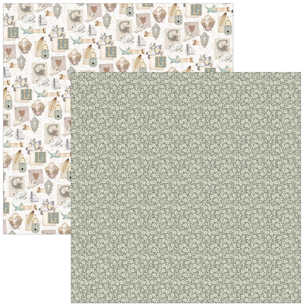 Two pieces of patterned paper, one with vintage-style illustrations and the other with a subtle floral design.
