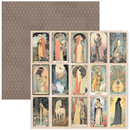 Set of tarot cards with artistic illustrations on a patterned background