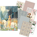 Collection of scenic and floral paper sheets with artistic illustrations.