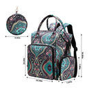 Patterned backpack and pouch with dimensions on a white background