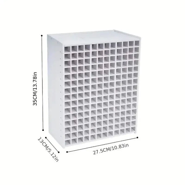 White storage unit with grid design and dimensions on a white background
