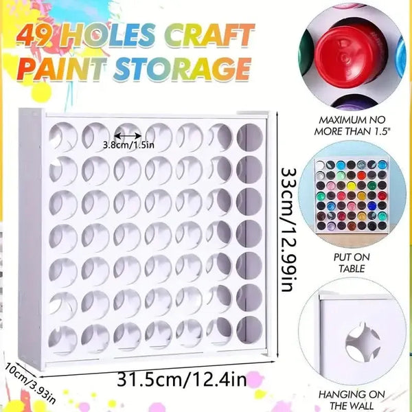 49 holes craft paint storage organizer with dimensions and usage instructions.