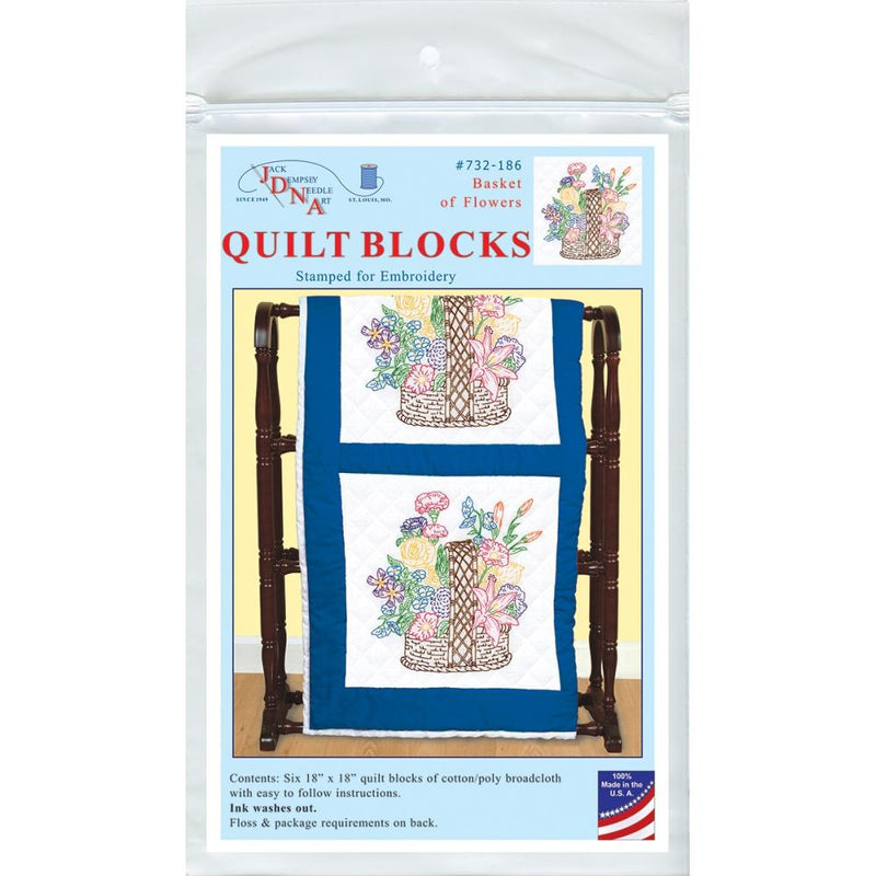 Jack Dempsey Stamped White Quilt Blocks 18"X18" 6/Pkg Basket Of Flowers