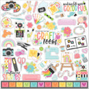 Echo Park Craft Room 12x12 cardstock sticker sheet with scissors, florals, labels, paint tools, craft icons and phrases in pink, teal, coral, yellow and mint