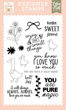 Echo Park Silliest Silly Goose Family clear stamp set packaging with goose family illustrations, florals and sweet family themed sentiments on a soft peach background