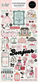 Carta Bella French Girl chipboard accents with Paris themed pieces in blush pink, cream, pale aqua and black featuring florals, bows, bicycles and elegant labels