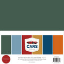 Carta Bella Cars Collection 12x12 Solids Kit with textured solid cardstock in dark green, dusty blue, red, mustard, navy and orange plus a vintage red car badge