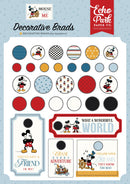 Echo Park Mouse And Me decorative brads pack with 25 round brads in red, blue, yellow, black and white plus 4 tag pieces with cheerful mouse characters and themed sentiments