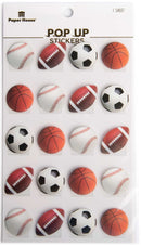 Product image of paper house sports ball pop-up stickers featuring raised sports ball stickers with baseballs, footballs, soccer balls and basketballs.