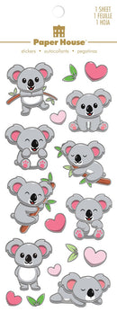Product image of paper house koalas foil stickers featuring foil koala stickers with hearts and eucalyptus leaves.