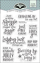 Karen Burniston Bug Greetings clear stamps packaging with insect-themed sentiments for whimsical cards.