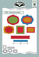 Karen Burniston Greeting Labels die set packaging with layered label and banner shapes for sentiments.