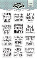 Karen Burniston Love Notes clear stamps packaging with romantic sentiments for cards and journals.