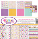 Reminisce Birthday Wishes 12x12 collection kit with 8 papers and coordinating sticker sheet in pastel pink, purple, mint and yellow birthday motifs